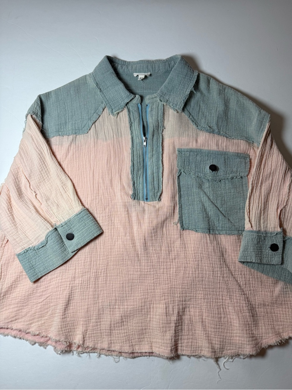 POL Women’s M Gauze Colorblock Oversized Half Zip Raw Hem Shirt